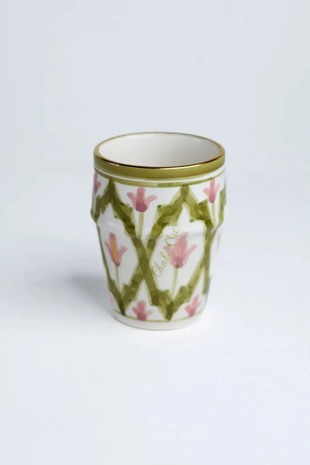 Tasse beldi moyenne en céramique artisanale marocaine avec motif kaki et tulipes blush