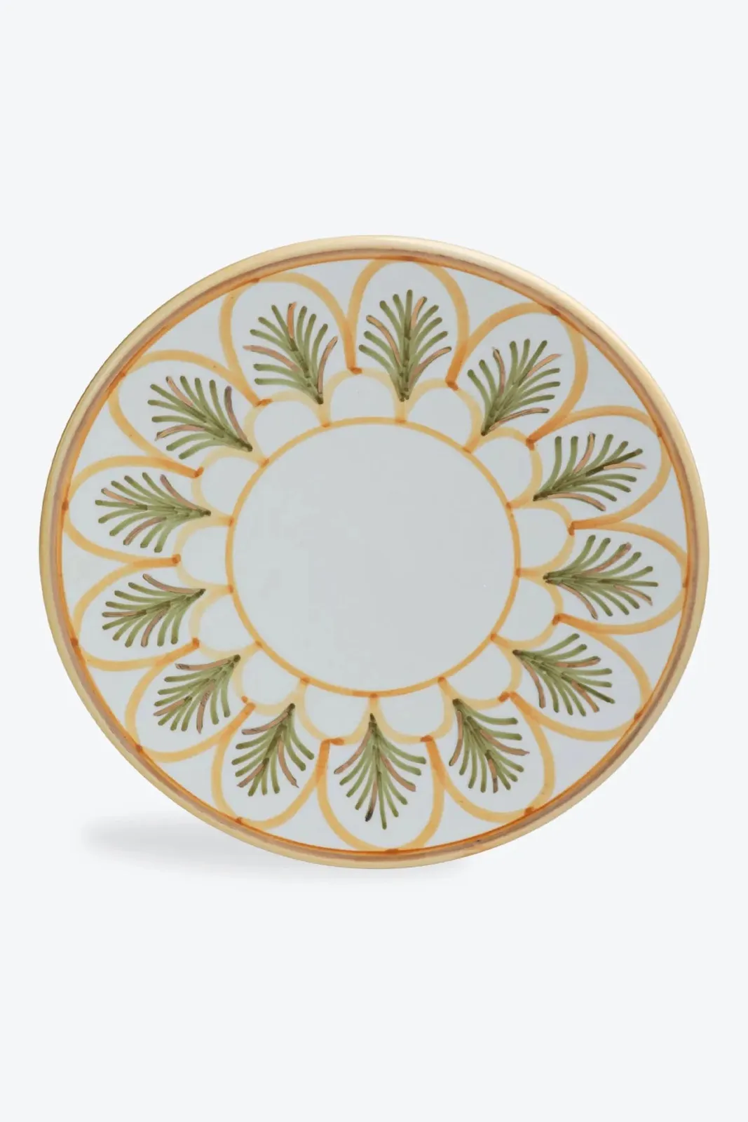 Grande assiette plate en céramique artisanale décorée de motifs floraux verts et dorés