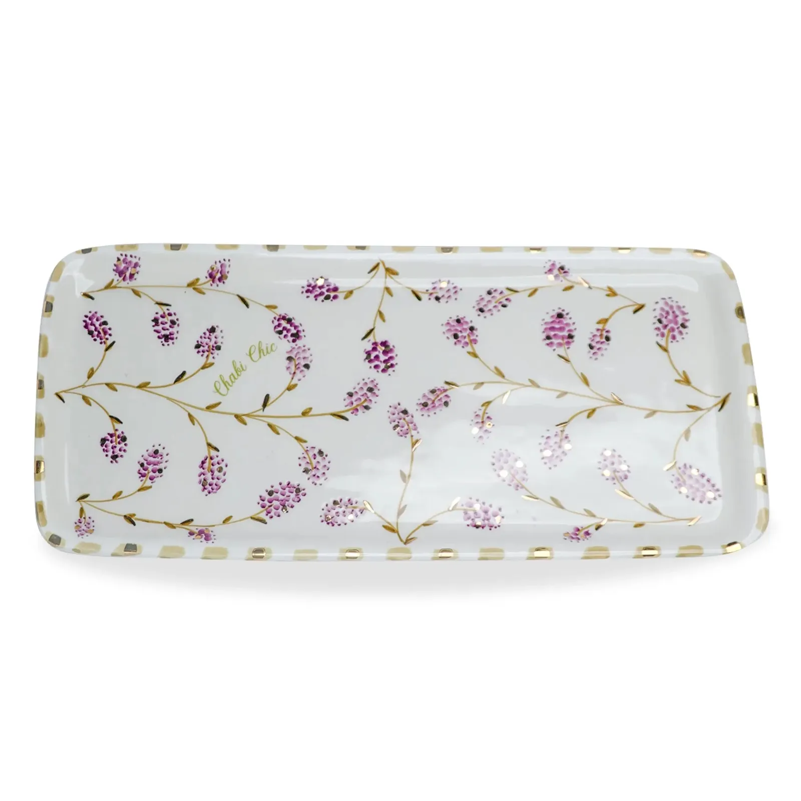 Plateau rectangulaire long en céramique artisanale avec décor lavande et or