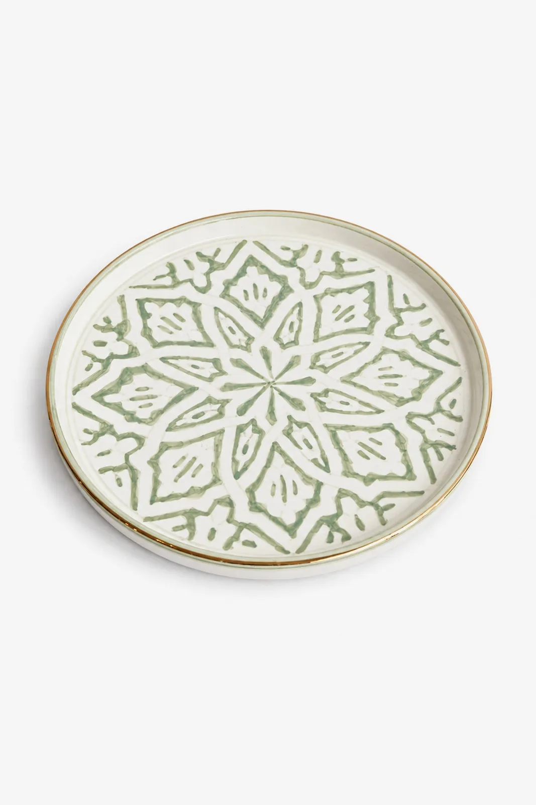 Grand plat rond en céramique marocaine avec décorations en or