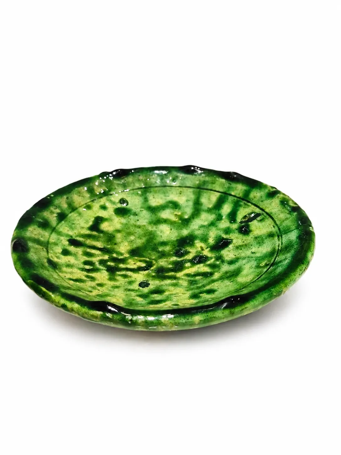 Petite assiette verte en céramique faite main à Tamegroute, Maroc, 12 cm