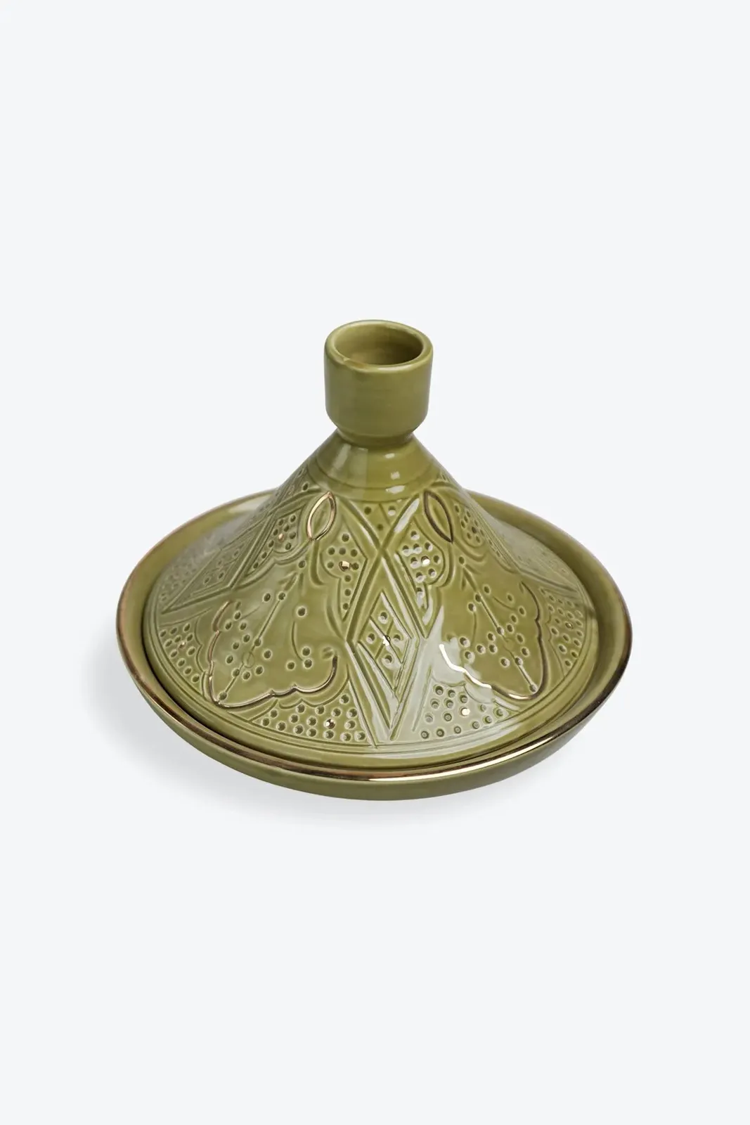 Grand tajine en poterie marocaine kaki avec décor doré fait main