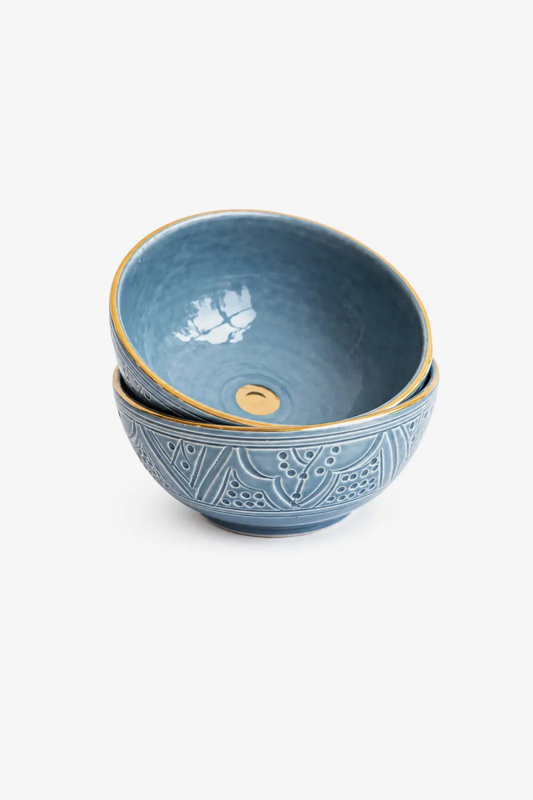 Bol bas en céramique artisanale bleu avec motifs dorés