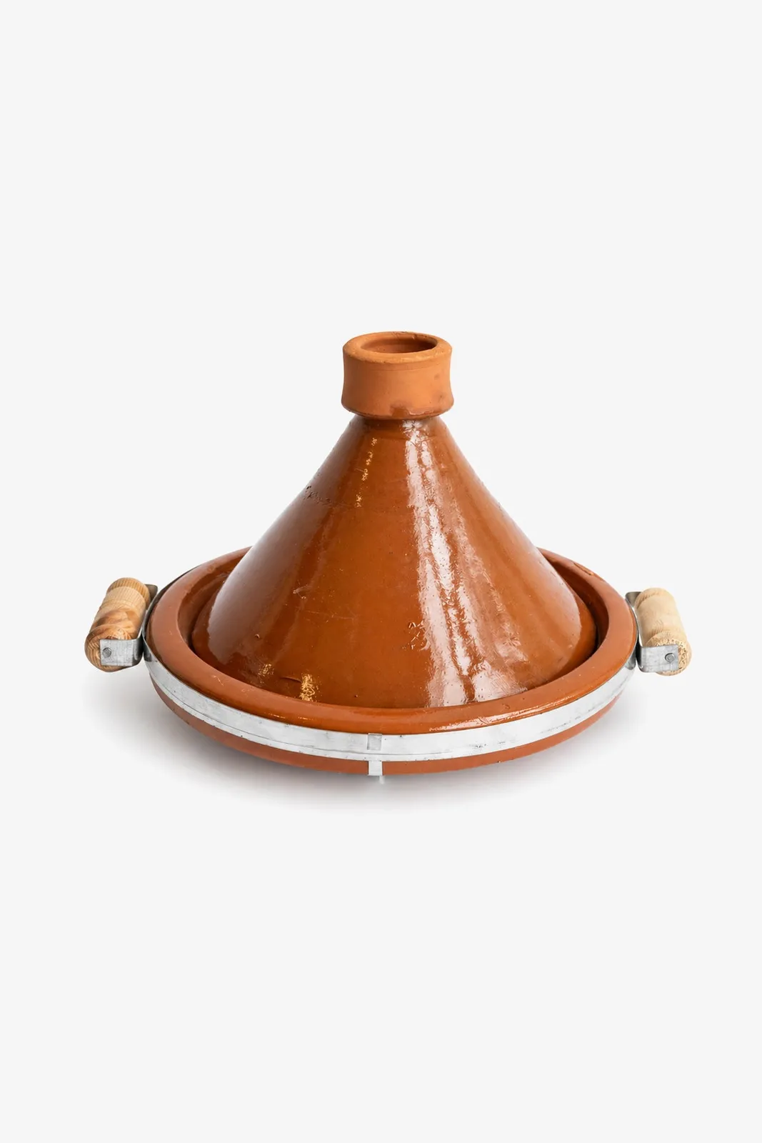 Tajine de cuisson en terre cuite émaillée avec support métallique et poignées en bois