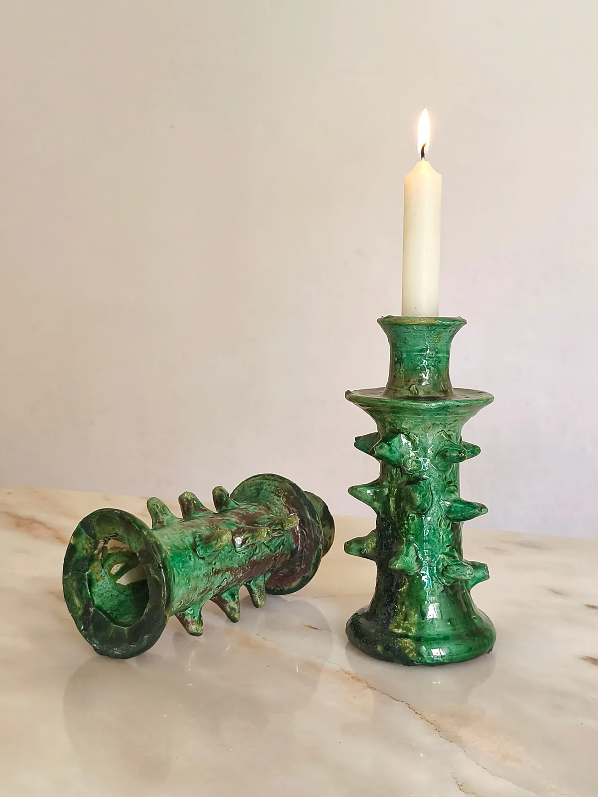 Lot de 2 porte-bougies en céramique verte artisanale de Tamegroute