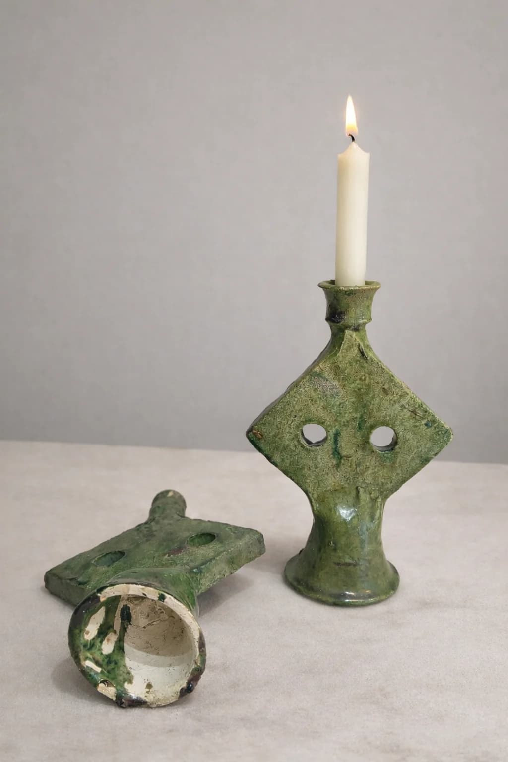 Bougeoir en céramique verte traditionnelle de Tamegroute avec motif losange