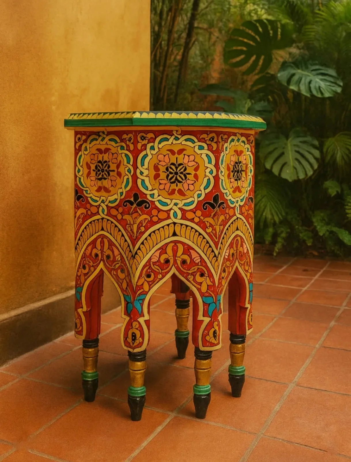 Table d'appoint en bois peinte à la main avec motifs maures marocains, 70 cm de hauteur