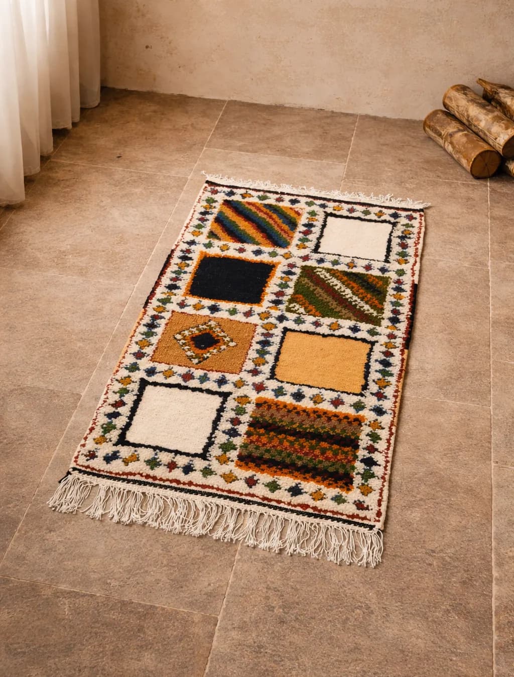 Tapis artisanal en laine fait main aux motifs géométriques du Sahara marocain